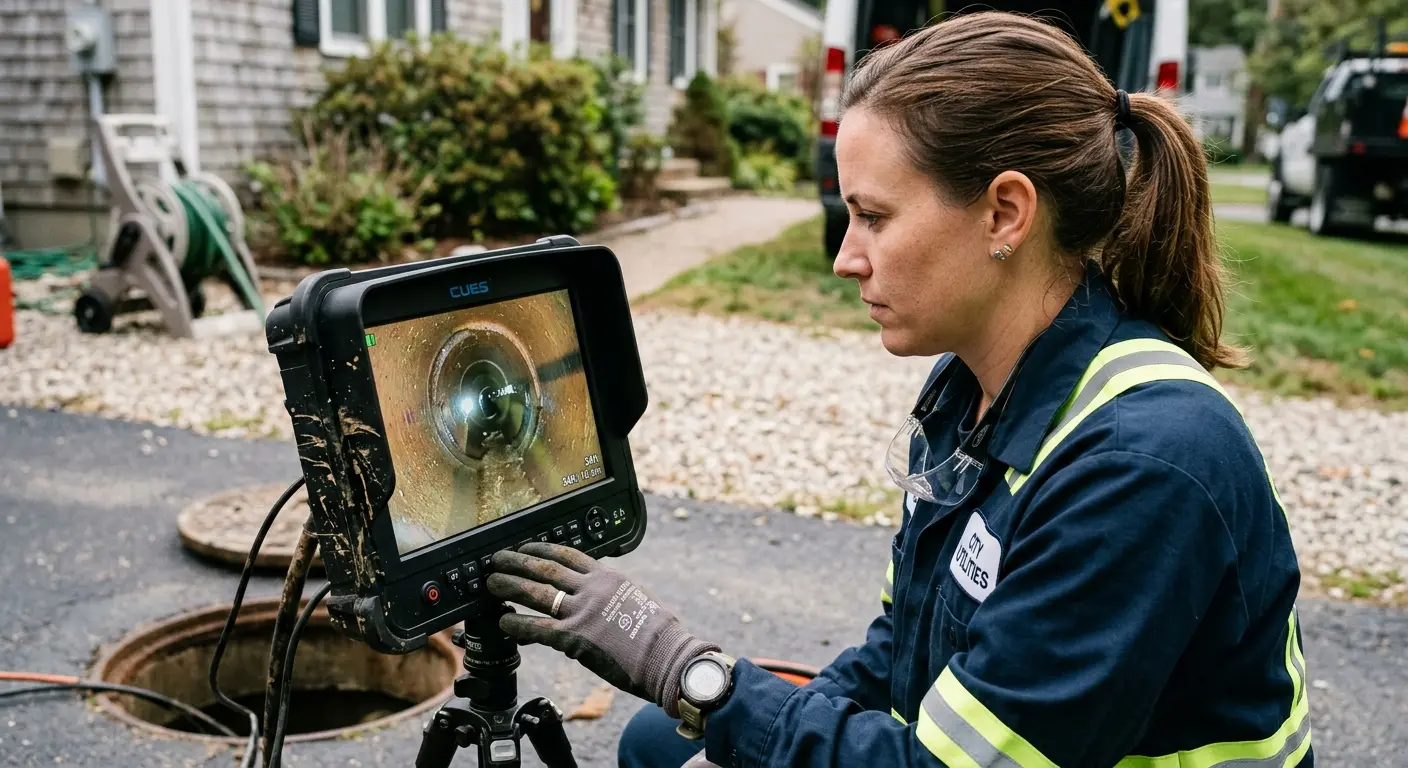Technician reviewing sewer camera inspection footage in Clarksburg