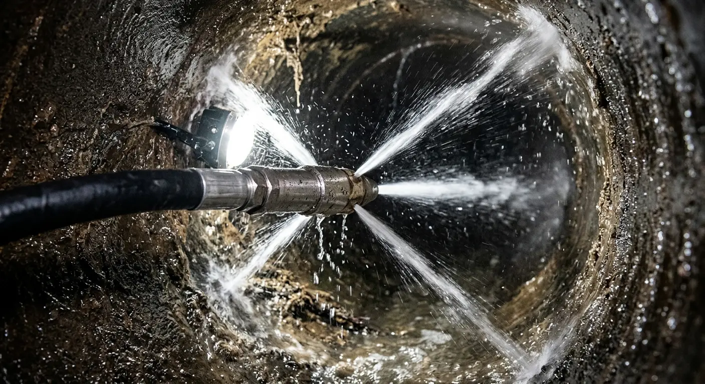 High-pressure hydro jetting nozzle cleaning sewer pipe for Sewer Cleanout in Clarksburg