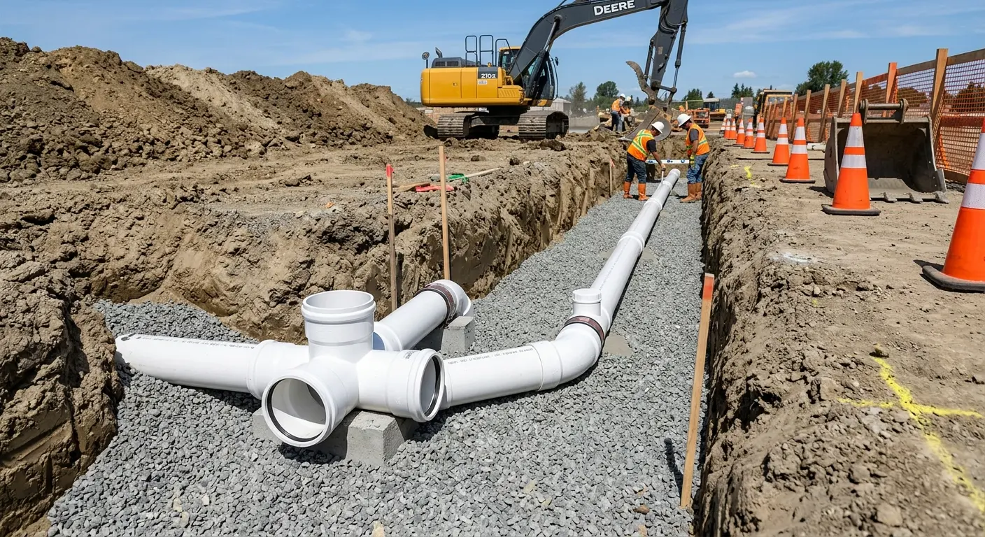 New PVC sewer pipe installation in open trench for Grease Trap Cleaning in Clarksburg