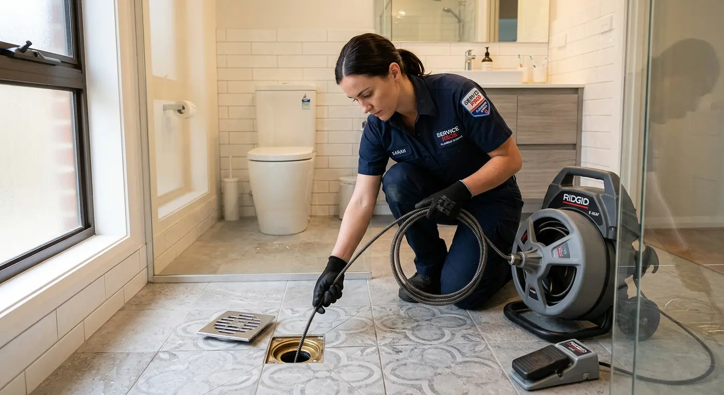 Technician clearing a bathroom floor drain for Sewer Line Replacement in Clarksburg